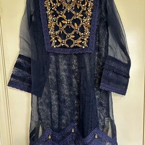 Embellished Sheer Navy Dress